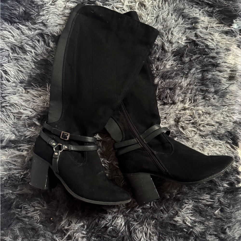 Black Mid-Calf Block Heel Boots with Strap Detail - Women
